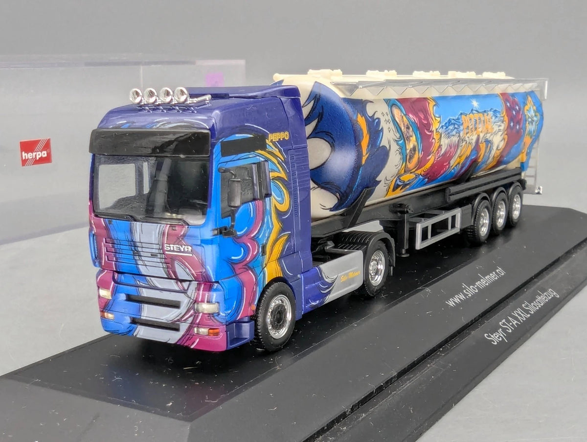 Lkw Modell 1:87 Herpa Steyr ST-A XXL Silosattelzug Silo-Melmer Pitztal Vitrine