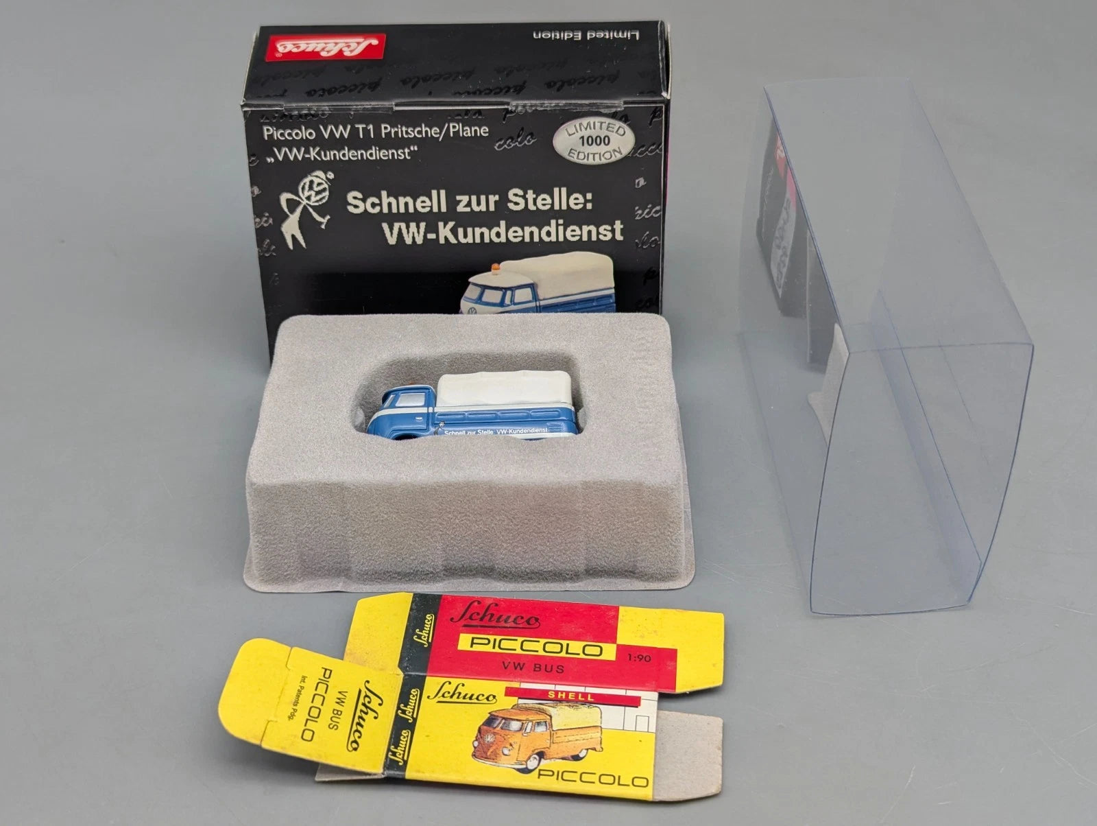 Modellautos 1:90 Schuco Piccolo VW T1 Pritsche / Plane VW-Kundendienst in OVP