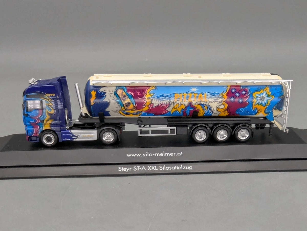 Lkw Modell 1:87 Herpa Steyr ST-A XXL Silosattelzug Silo-Melmer Pitztal Vitrine