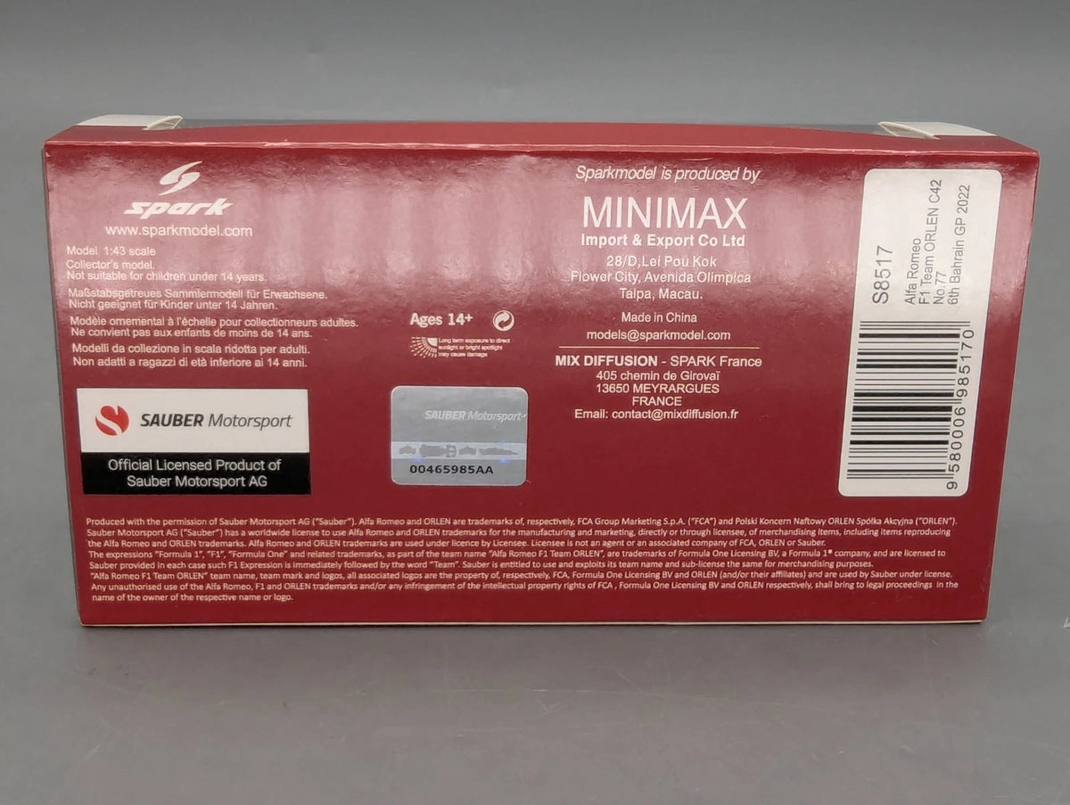 Modellautos 1:43 Spark S8517 Alfa Romeo F1 Orlen C42 Bahrain 2022 #77 Bottas OVP