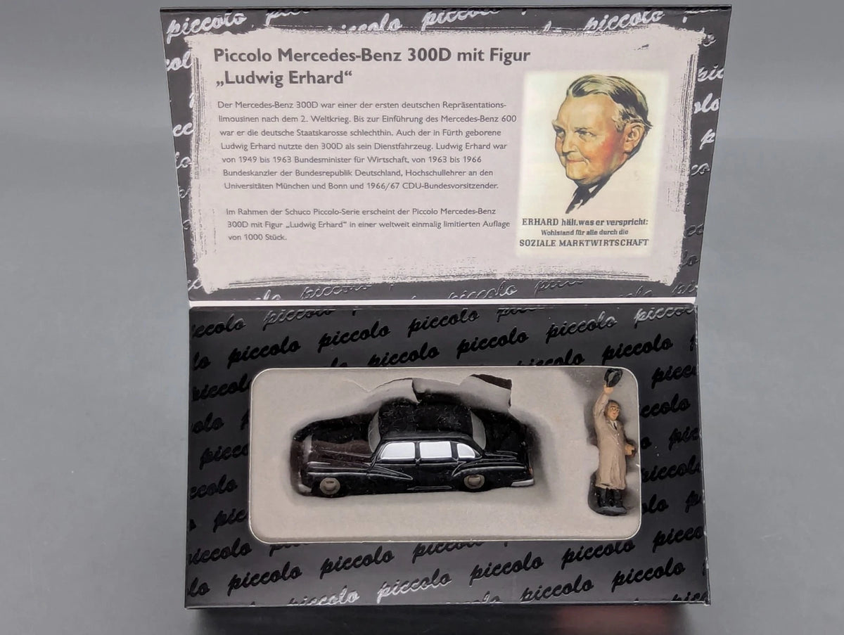 Modellautos 1:90 Schuco Piccolo Mercedes Benz 300D + Figur Ludwig Erhard mit OVP