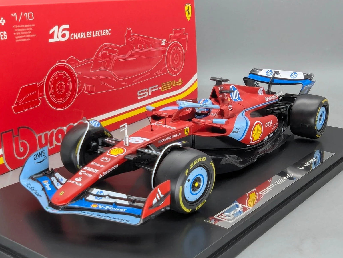 Modellautos 1:18 Bburago Ferrari SF24 Miami 2024 #16 C. Leclerc mit Vitrine OVP