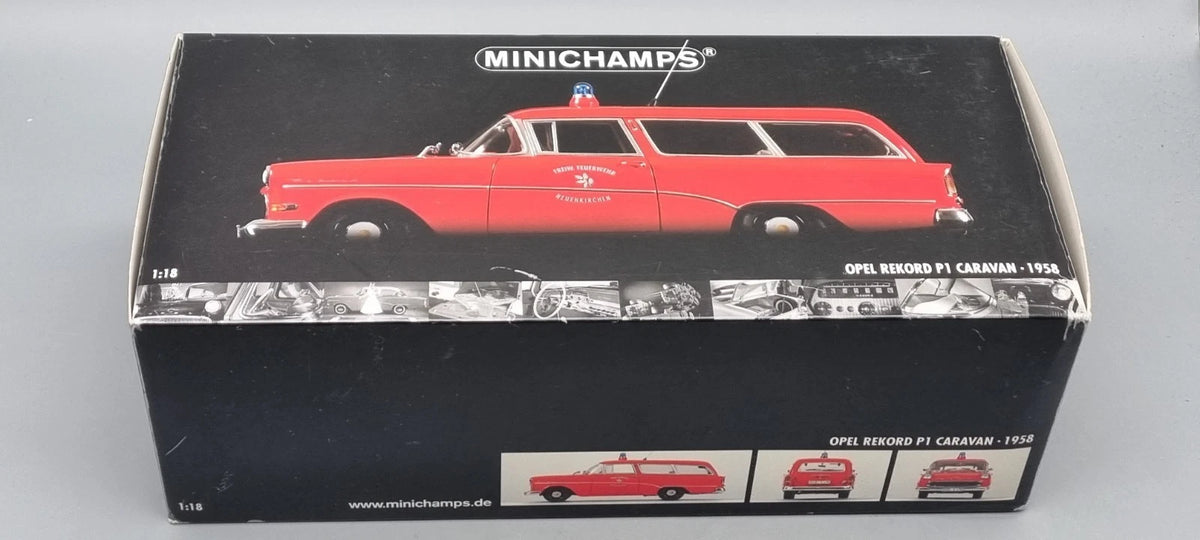 Modellautos 1:18 Minichamps 180 043291 Opel Rekord P1 Caravan Feuerwehr OVP