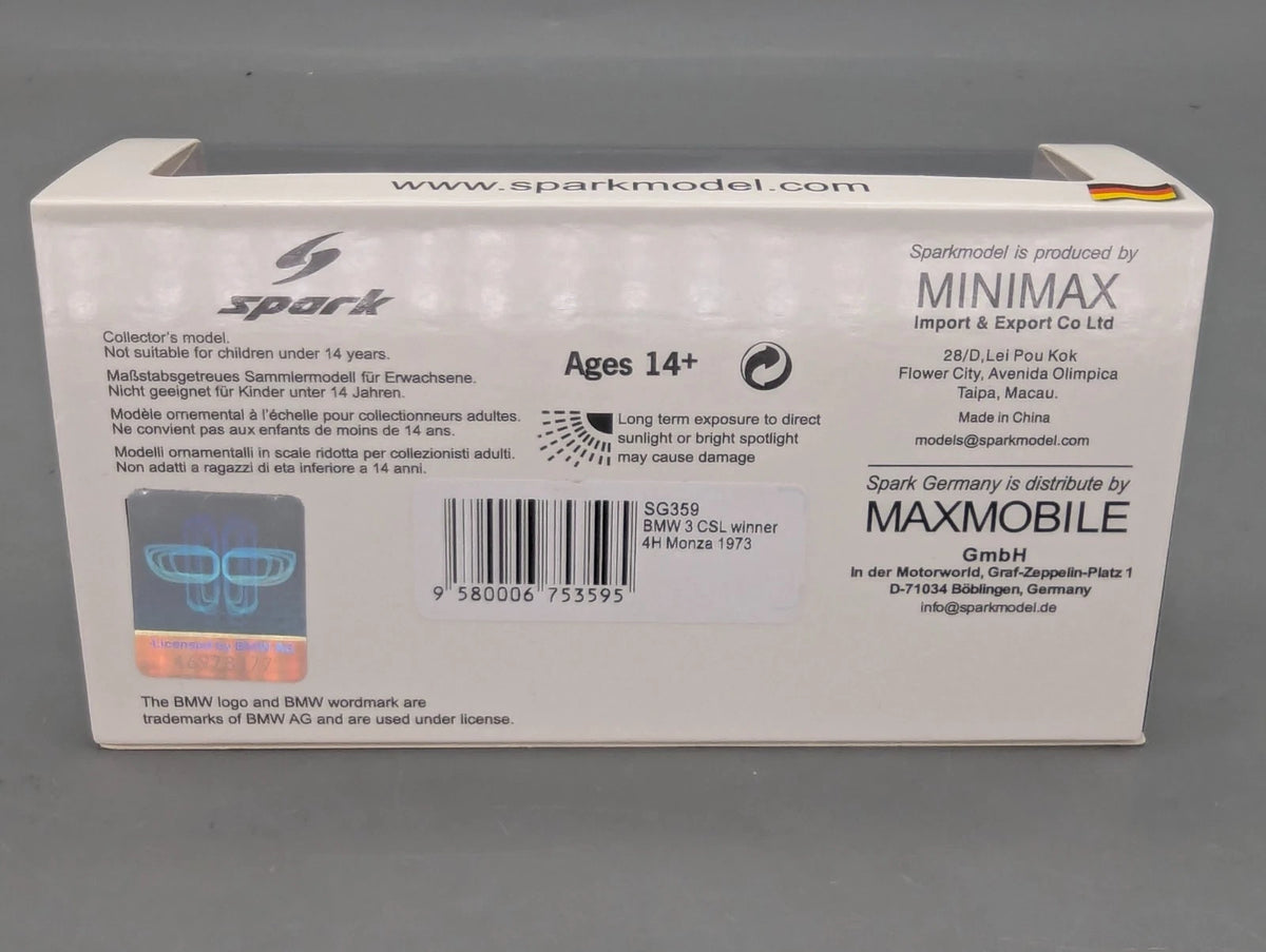 Modellautos 1:43 Spark SG359 BMW 3 CSL WINNER 4h Monza 1973 #6 Niki Lauda OVP
