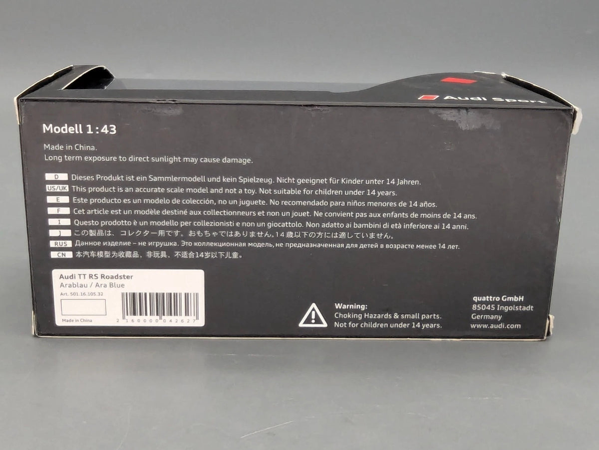 Modellautos 1:43 iScale Audi TT RS Roadster Ara Blau Metallic mit Dealer OVP