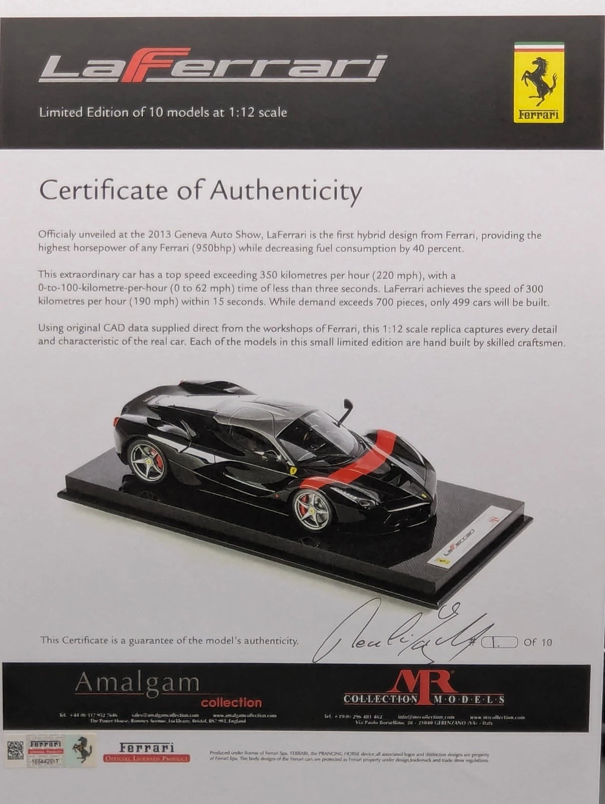 Modellautos 1:12 Amalgam Ferrari La Ferrari Ltd #01/10 Schwarz Zertifikat OVP