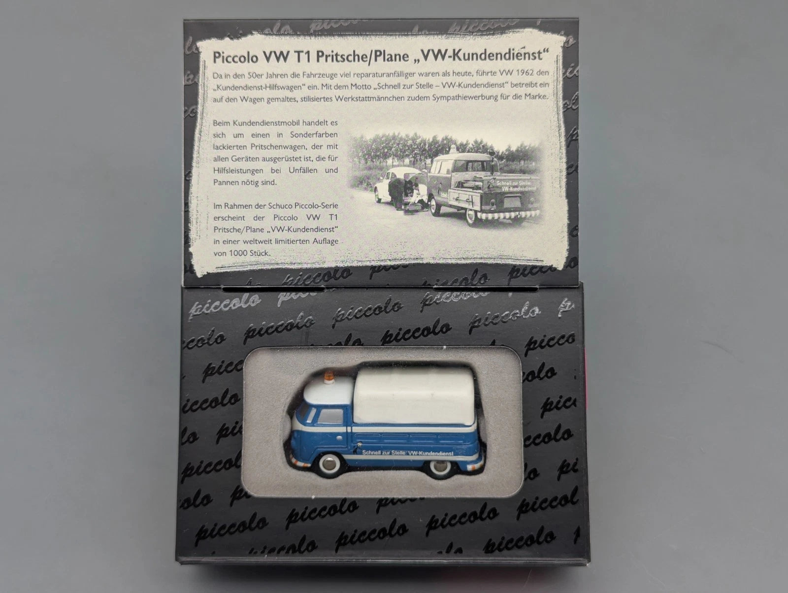 Modellautos 1:90 Schuco Piccolo VW T1 Pritsche / Plane VW-Kundendienst in OVP