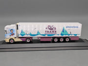 Lkw Modell 1:87 Herpa Scania Kühlkoffersattelzug Trio Trans mit Vitrine